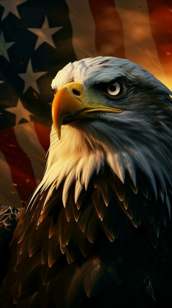 amerikanisch Adler und Flagge gegen Sonnenuntergang Hintergrund ein patriotisch Tableau von vereinigt Zustände Vertikale Handy, Mobiltelefon Hintergrund ai generiert foto