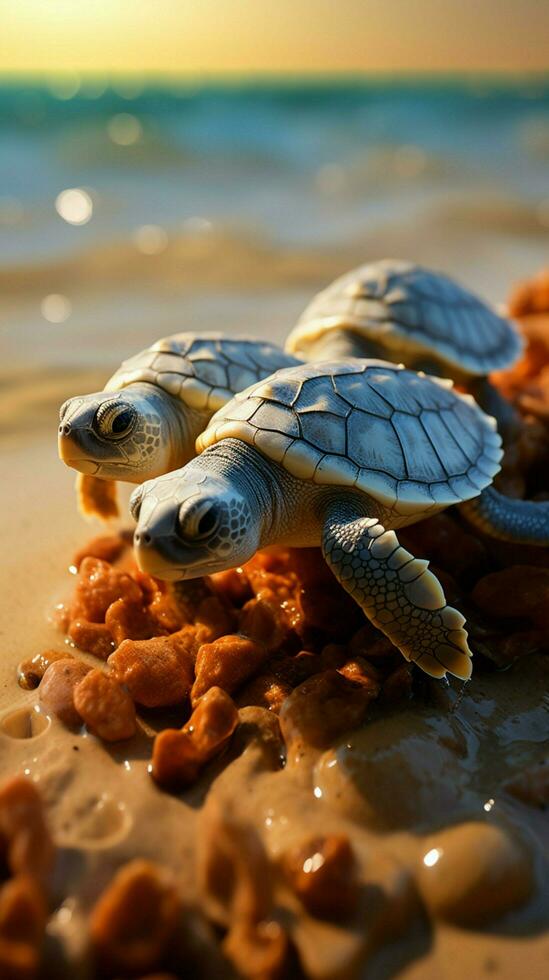 Schraffur auf das Strand Baby Schildkröten brechen frei, beginnend ihr Küsten Reise. Vertikale Handy, Mobiltelefon Hintergrund ai generiert foto