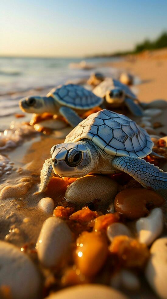 Schraffur auf das Strand Baby Schildkröten brechen frei, beginnend ihr Küsten Reise. Vertikale Handy, Mobiltelefon Hintergrund ai generiert foto