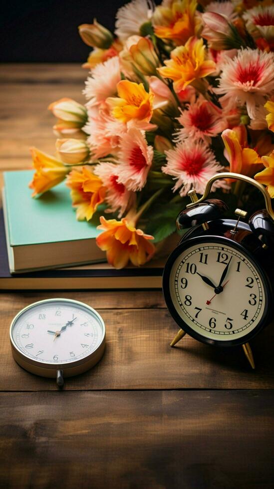 Laptop, Buch, Blume, Alarm Uhr auf hölzern Hintergrund angesehen von über, koexistieren elegant. Vertikale Handy, Mobiltelefon Hintergrund ai generiert foto