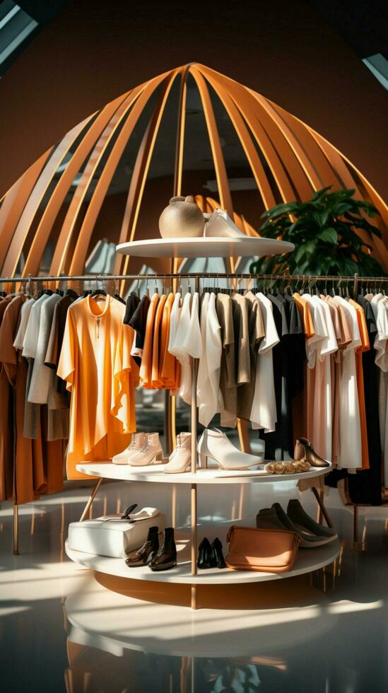 Kleidung Laden Kleiderbügel Ausstellungsstück modern Mode, Hervorheben das Boutiquen stilvoll Ambiente. Vertikale Handy, Mobiltelefon Hintergrund ai generiert foto