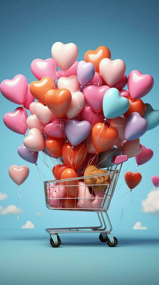 wunderlich Herz Luftballons erheben ein Einkaufen Wagen, mischen Freude mit online Einkaufen. Vertikale Handy, Mobiltelefon Hintergrund ai generiert foto