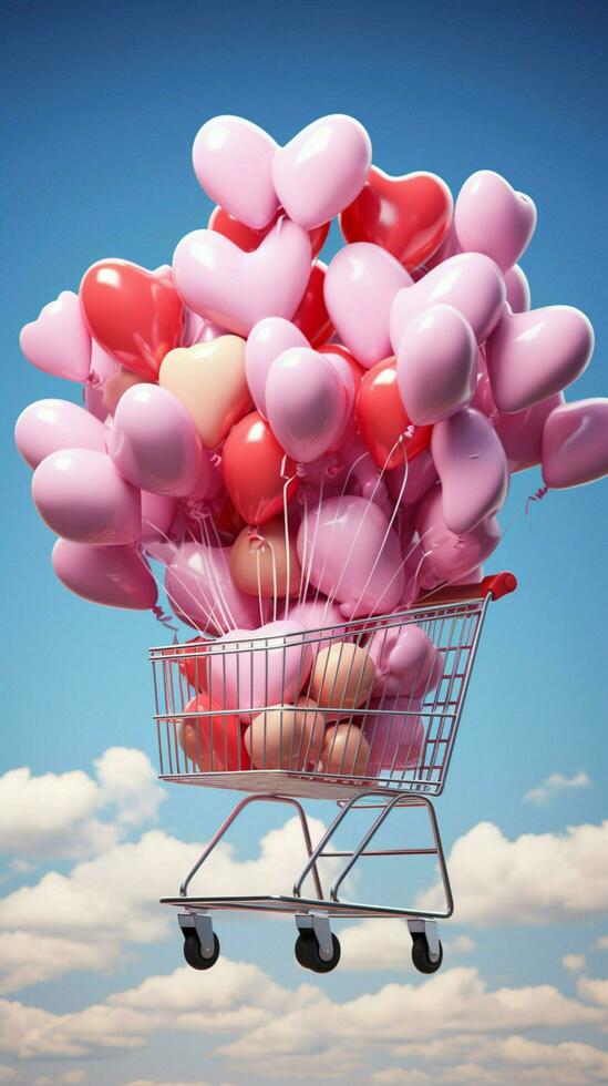wunderlich Herz Luftballons erheben ein Einkaufen Wagen, mischen Freude mit online Einkaufen. Vertikale Handy, Mobiltelefon Hintergrund ai generiert foto