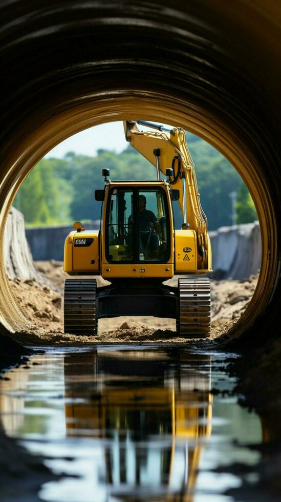 Erdbewegung Operationen Raupe Bagger beim arbeiten, verwandeln Konstruktion Seite? ˅ in der Nähe von Beton Rohr. Vertikale Handy, Mobiltelefon Hintergrund ai generiert foto