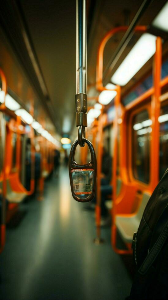 Perspektive auf Sicherheit verschwommen Hand hält U-Bahn Gurt, gewährleisten sichern Öffentlichkeit Transport. Vertikale Handy, Mobiltelefon Hintergrund ai generiert foto