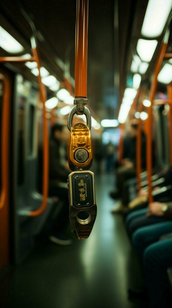 sichern Griff auf U-Bahn verschwommen Hand Griffe Gurt, Hervorheben Sicherheit im Öffentlichkeit Transport. Vertikale Handy, Mobiltelefon Hintergrund ai generiert foto