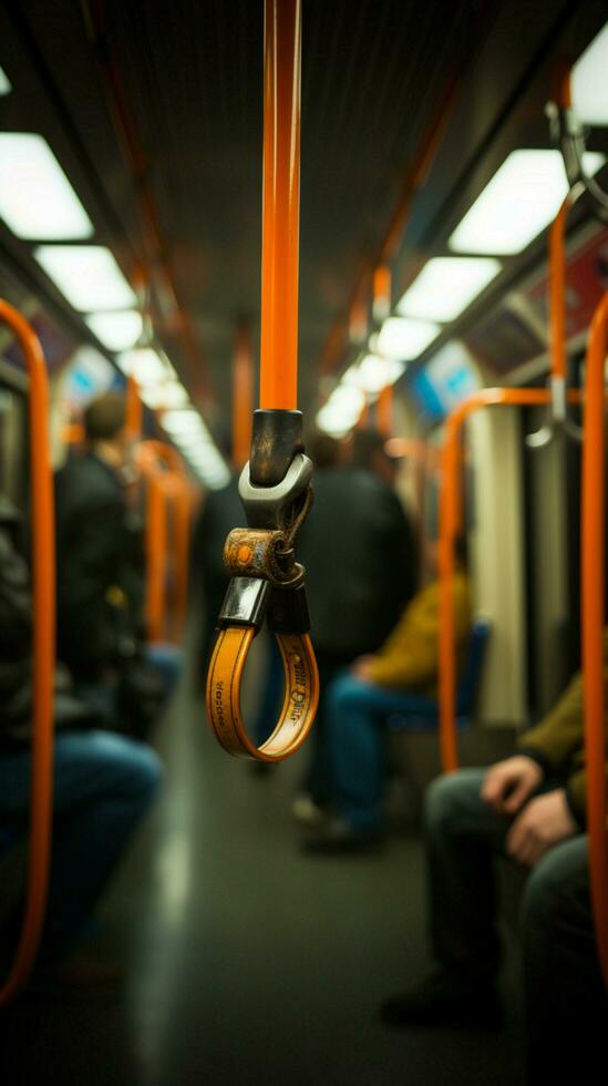 sichern Griff auf U-Bahn verschwommen Hand Griffe Gurt, Hervorheben Sicherheit im Öffentlichkeit Transport. Vertikale Handy, Mobiltelefon Hintergrund ai generiert foto