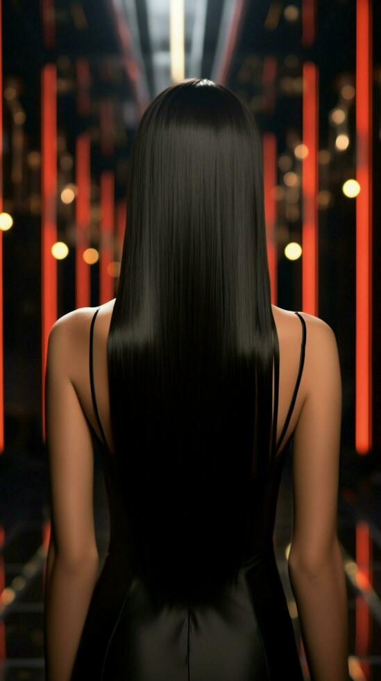 glatt locken lang, Gerade schwarz Haar verbessert Frauen elegant zurück Aussicht Vertikale Handy, Mobiltelefon Hintergrund ai generiert foto