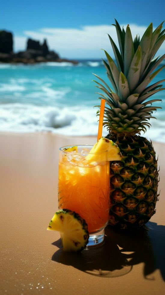 tropisch Freude erfrischend Ananas trinken genossen gegen ein atemberaubend Strand Hintergrund Vertikale Handy, Mobiltelefon Hintergrund ai generiert foto