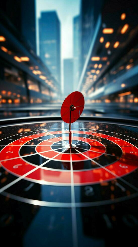 Volltreffer Erfolg rot Pfeile schlagen Ziel Center, symbolisieren erreicht Geschäft Ziele. Vertikale Handy, Mobiltelefon Hintergrund ai generiert foto