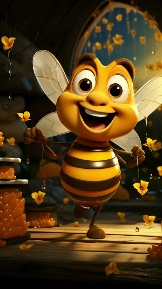 Karikatur Biene auf Bienenstock, winken neben Honig Gläser, Honigbienen im Flug charmant Landschaft Szene Vertikale Handy, Mobiltelefon Hintergrund ai generiert foto