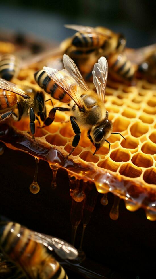 Nahansicht Imker mit Bienenwabe rahmen, Bienen basteln Flüssigkeit Gold, ein symbiotisch tanzen Vertikale Handy, Mobiltelefon Hintergrund ai generiert foto