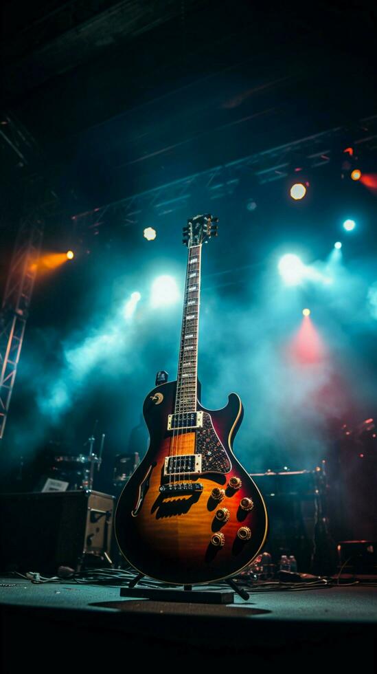 ein Bühne glühen mit Beleuchtung, elektrisch Gitarren bereit während Vor Show Klang Schecks. Vertikale Handy, Mobiltelefon Hintergrund ai generiert foto