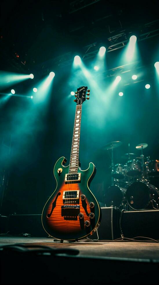 ein Bühne glühen mit Beleuchtung, elektrisch Gitarren bereit während Vor Show Klang Schecks. Vertikale Handy, Mobiltelefon Hintergrund ai generiert foto