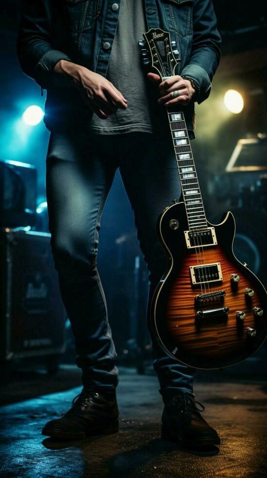 ein jung Mann im Blau Jeans steht mit ein elektrisch Gitarre im ein schwach zündete Einstellung. Vertikale Handy, Mobiltelefon Hintergrund ai generiert foto