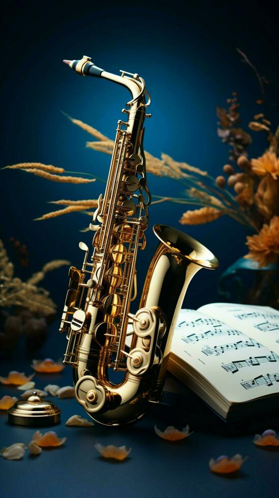 ein Blau Segeltuch geschmückt mit golden Saxophone und ein Musical Notizbuch. Vertikale Handy, Mobiltelefon Hintergrund ai generiert foto