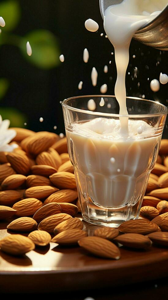 ein fesselnd Aussicht Mandeln anmutig stürzen in ein Milch gefüllt Tasse, zauberhaft Schönheit Vertikale Handy, Mobiltelefon Hintergrund ai generiert foto