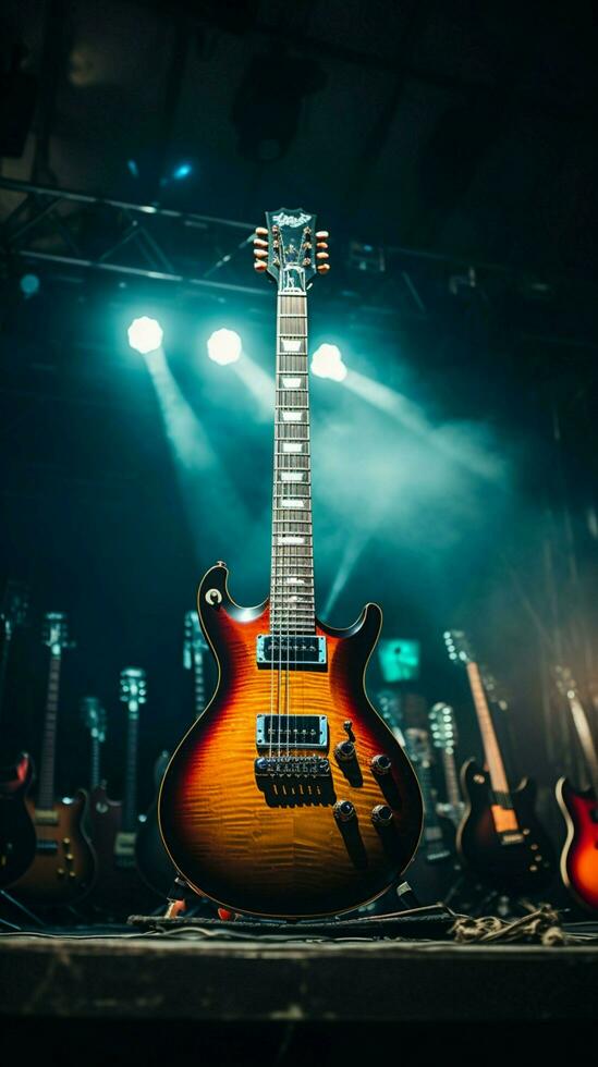 im das Bühne elektrisch Atmosphäre, Gitarren ausruhen, bereit zum das Vor Show Scheinwerfer. Vertikale Handy, Mobiltelefon Hintergrund ai generiert foto