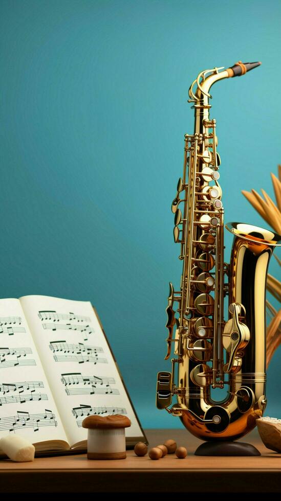 Musical Harmonie golden Saxophone und ein Notizbuch auf ein fesselnd Blau Hintergrund. Vertikale Handy, Mobiltelefon Hintergrund ai generiert foto