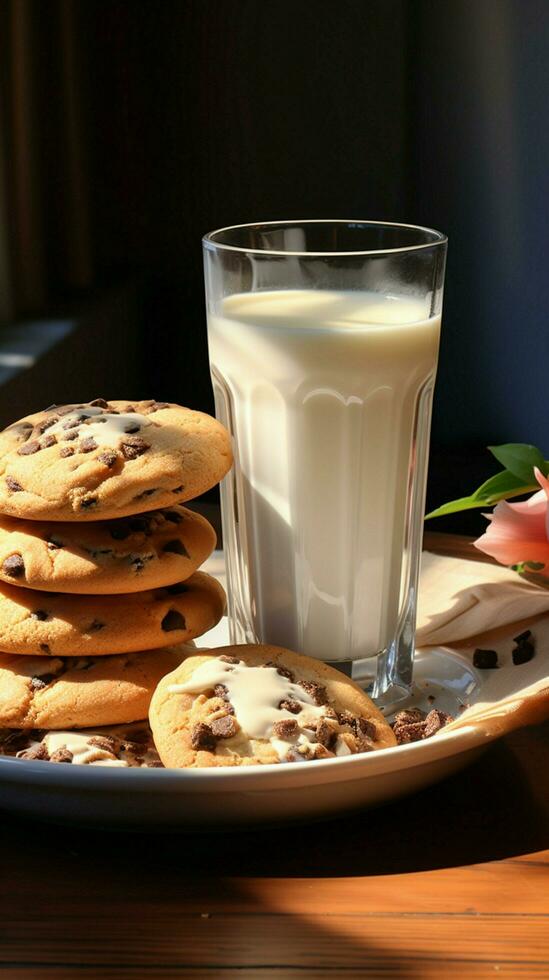 ein herrlich Frühstück Paarung genießen ein lecker Schokolade Chip Plätzchen und Milch Vertikale Handy, Mobiltelefon Hintergrund ai generiert foto