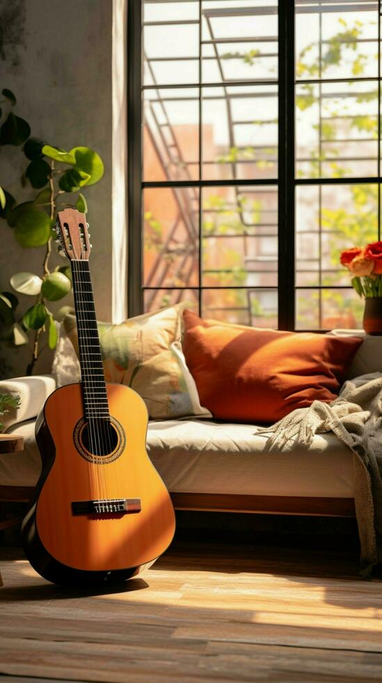 ein Gitarre schmückt das modern, einladend Innere von das gemütlich Leben Zimmer. Vertikale Handy, Mobiltelefon Hintergrund ai generiert foto