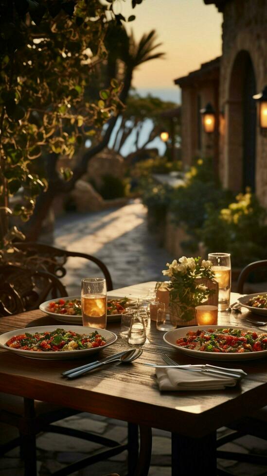 al Fresko Essen beim ein Mittelmeer Restaurant, ein einladend draussen Abendessen Rahmen Vertikale Handy, Mobiltelefon Hintergrund ai generiert foto