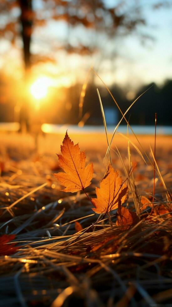 Herbst Blätter schmücken Sonne geküsst Gras, Erstellen ein schön getönt Morgen Szene Vertikale Handy, Mobiltelefon Hintergrund ai generiert foto