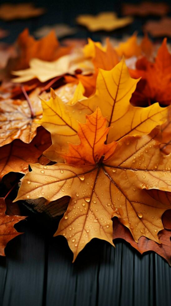 Herbst Geschenk Ahorn Blätter verstreut auf ein hölzern Vertikale Handy, Mobiltelefon Hintergrund ai generiert foto