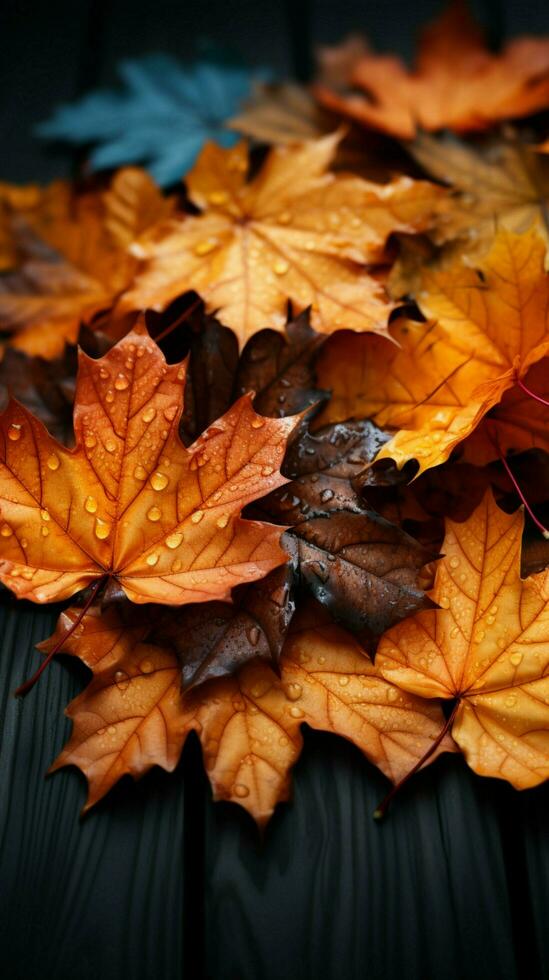 Herbst Geschenk Ahorn Blätter verstreut auf ein hölzern Vertikale Handy, Mobiltelefon Hintergrund ai generiert foto