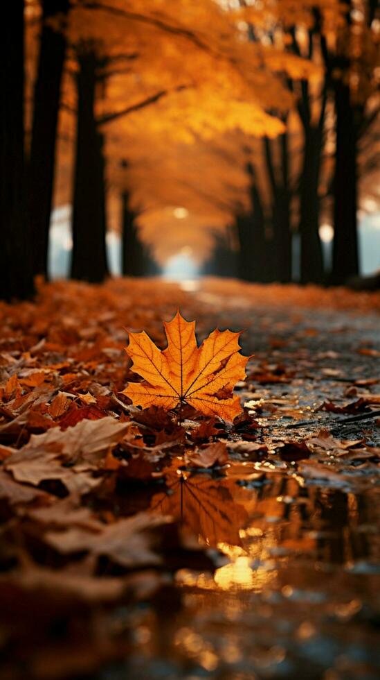 ein Teppich von Herbst Blätter Decken das Pfad im warm Farbtöne Vertikale Handy, Mobiltelefon Hintergrund ai generiert foto