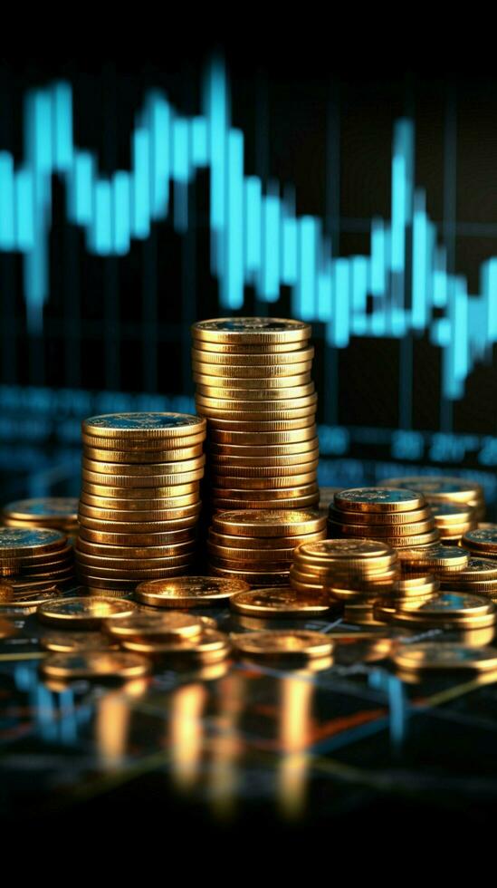 Investition Erfolg abgebildet durch ein 3d Finanzen Diagramm auf ein Blau Münze Hintergrund Vertikale Handy, Mobiltelefon Hintergrund ai generiert foto