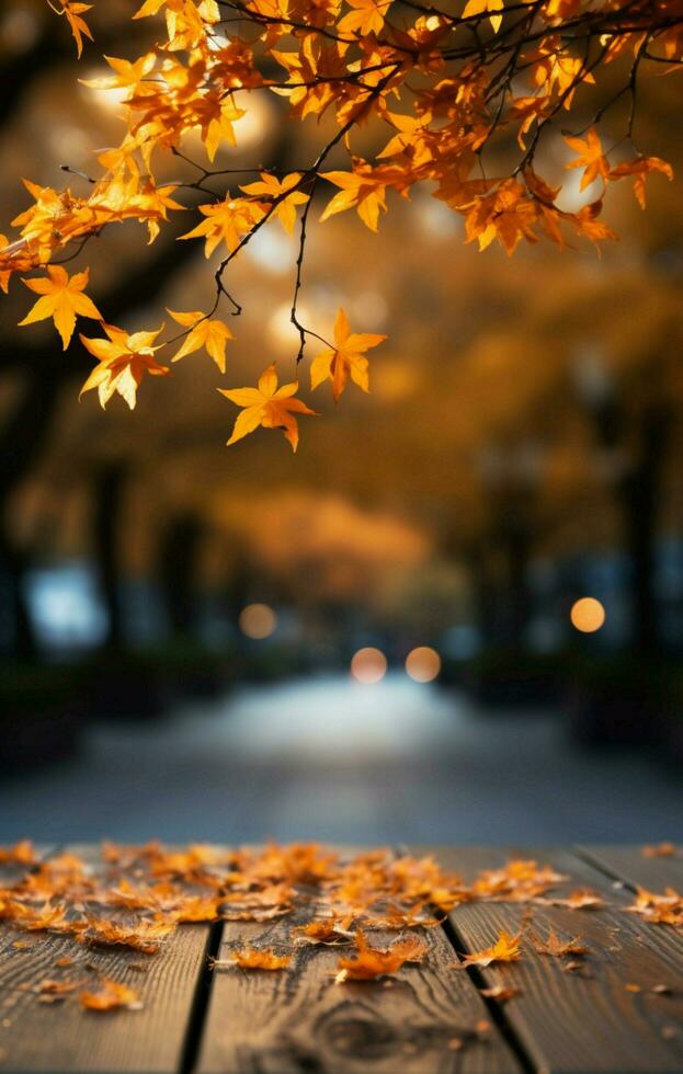 ein rustikal hölzern Tabelle gegen ein strahlend Herbst Ahorn Baum Bokeh Hintergrund Vertikale Handy, Mobiltelefon Hintergrund ai generiert foto