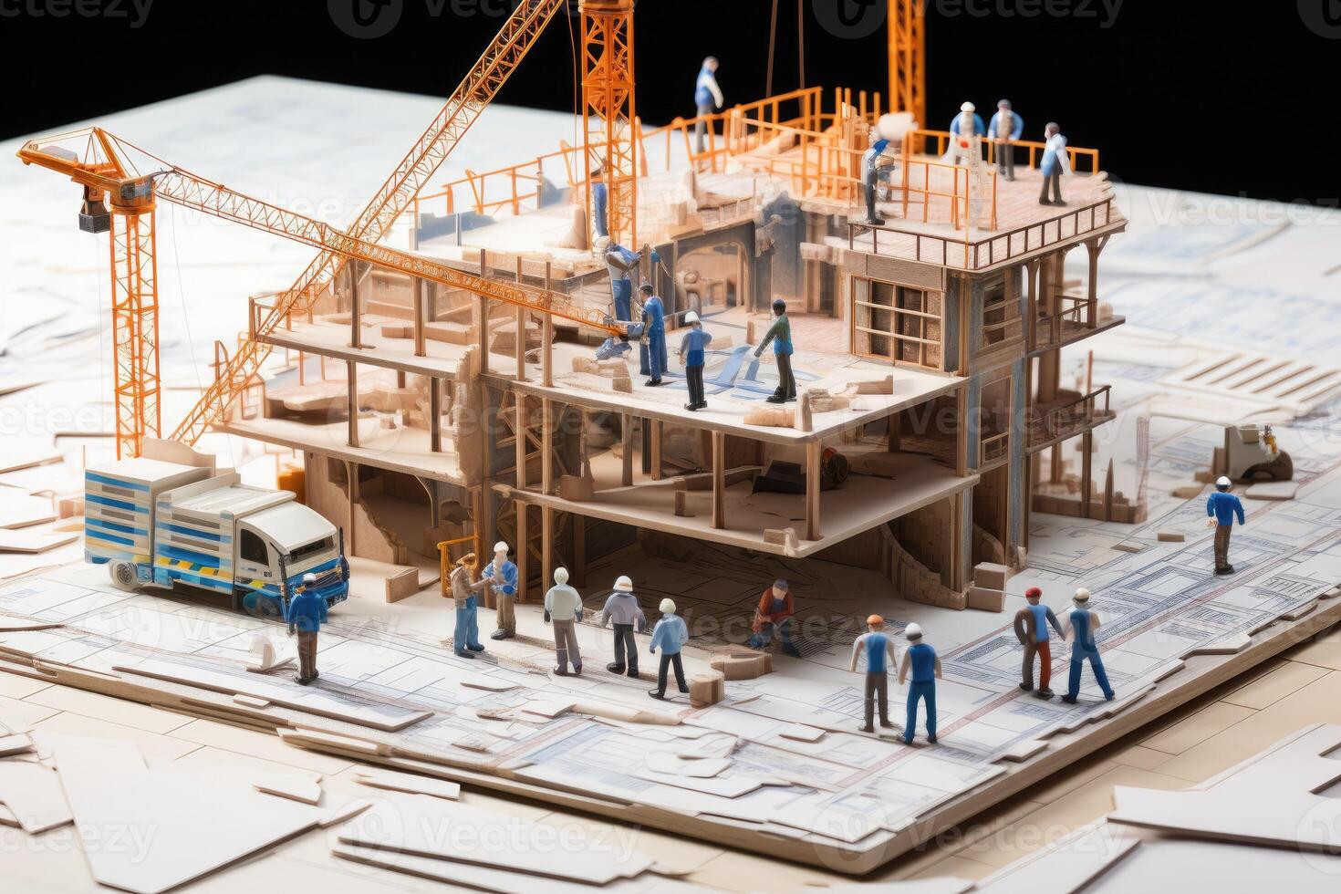 Miniatur von Konstruktion Seite? ˅. Ingenieur und Architekt Arbeiten auf Entwurf. ai generiert. foto