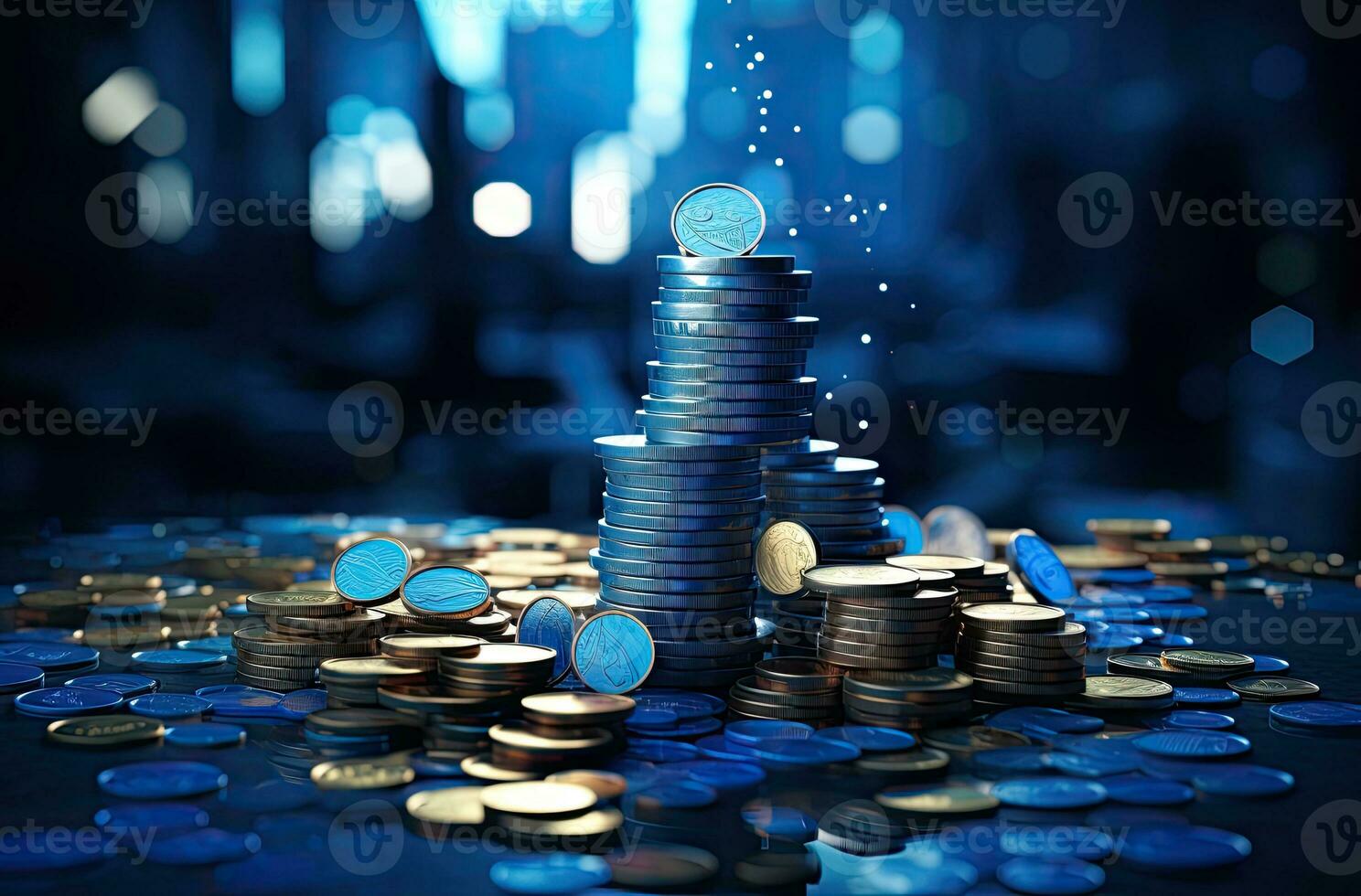 Stapel von Münzen mit Blau Licht Bokeh Hintergrund, Geschäft und Finanzen Konzept. ai generiert. foto