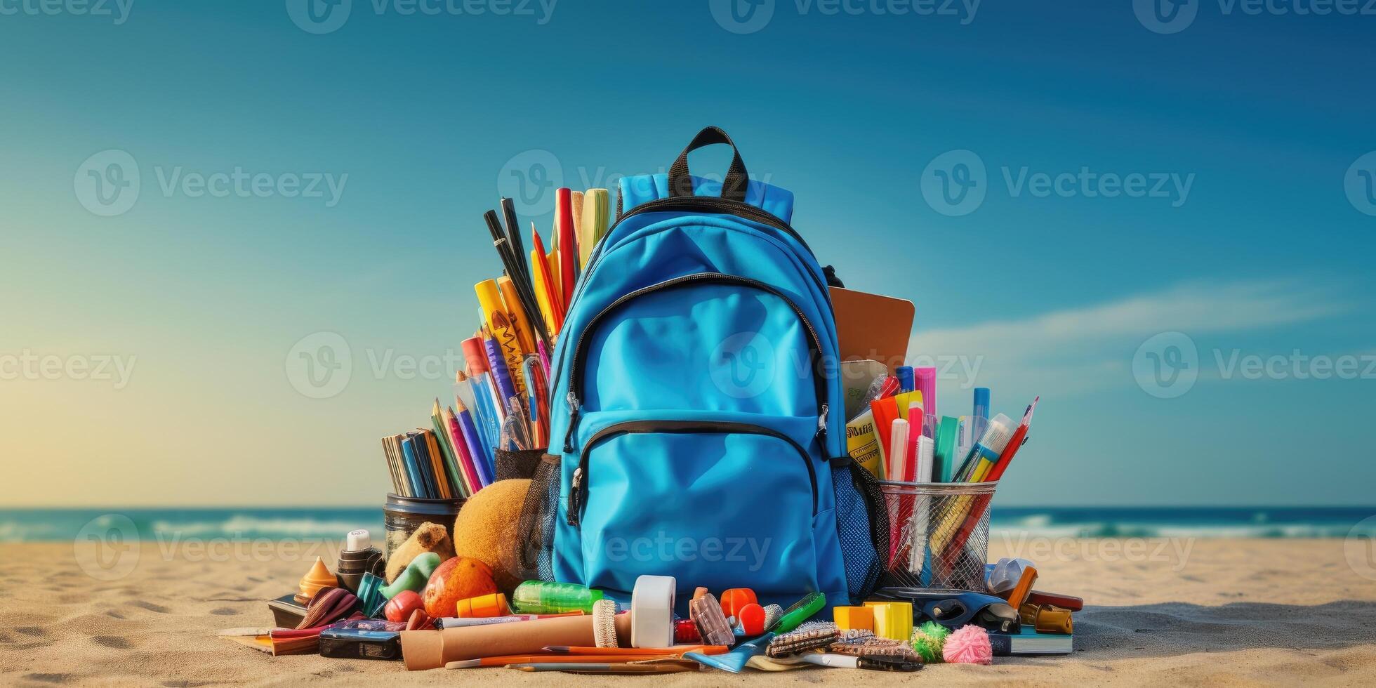 Rucksack mit Schule liefert auf sandig Strand mit Blau Himmel Hintergrund. ai generiert. foto