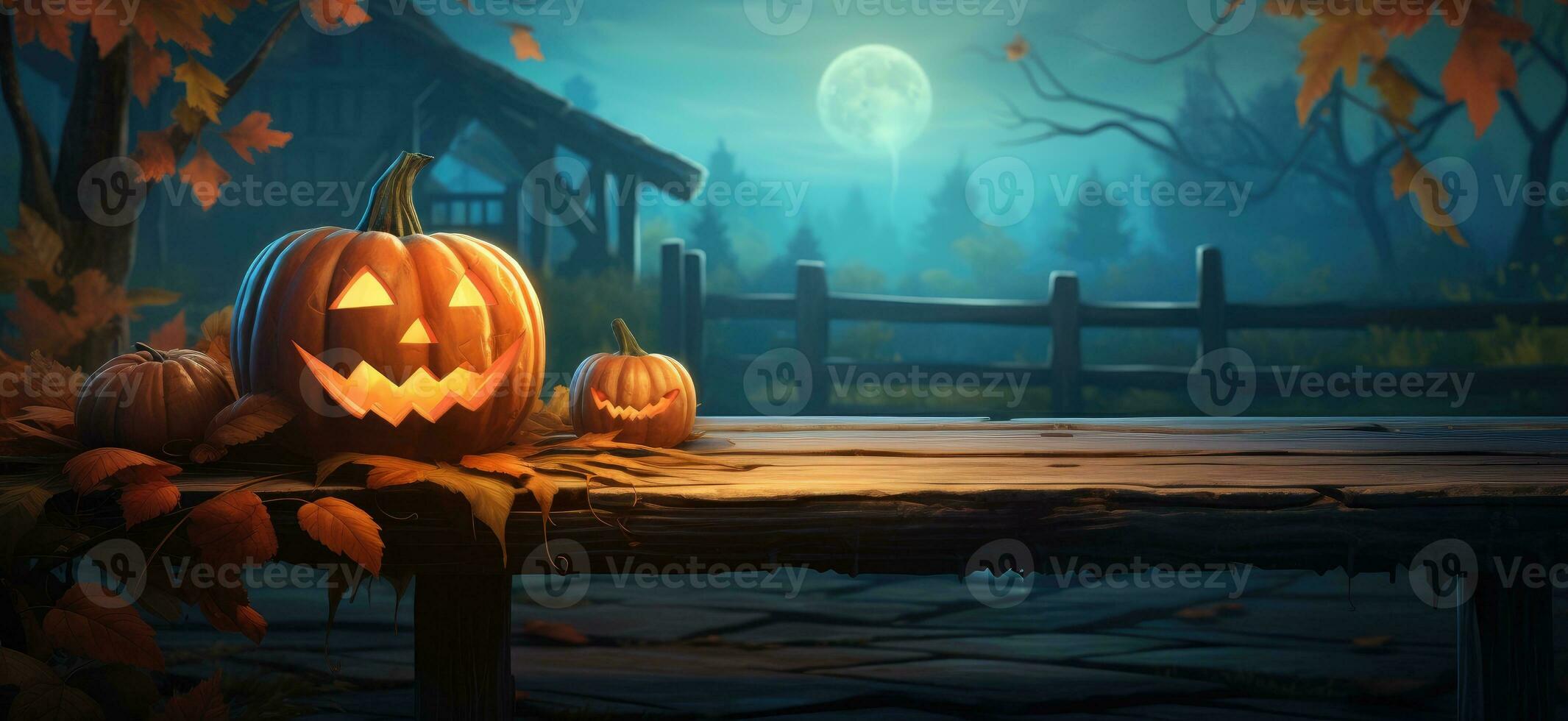 Halloween Kürbisse auf ein hölzern Tabelle im das Wald. Halloween Hintergrund. ai generiert. foto