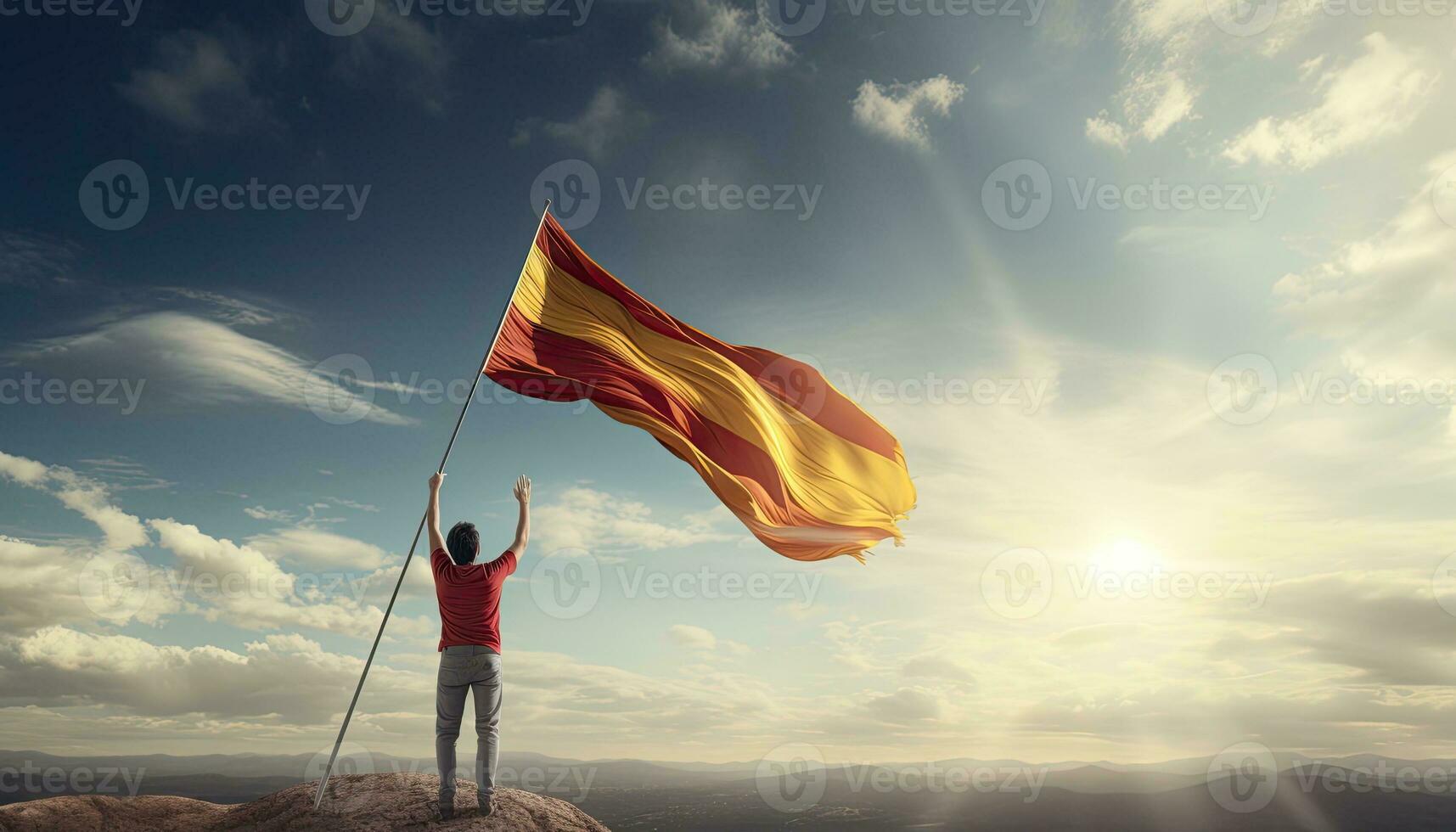 Mann winken Spanisch Flagge auf das oben von das Berg. 3d Wiedergabe. ai generiert. foto