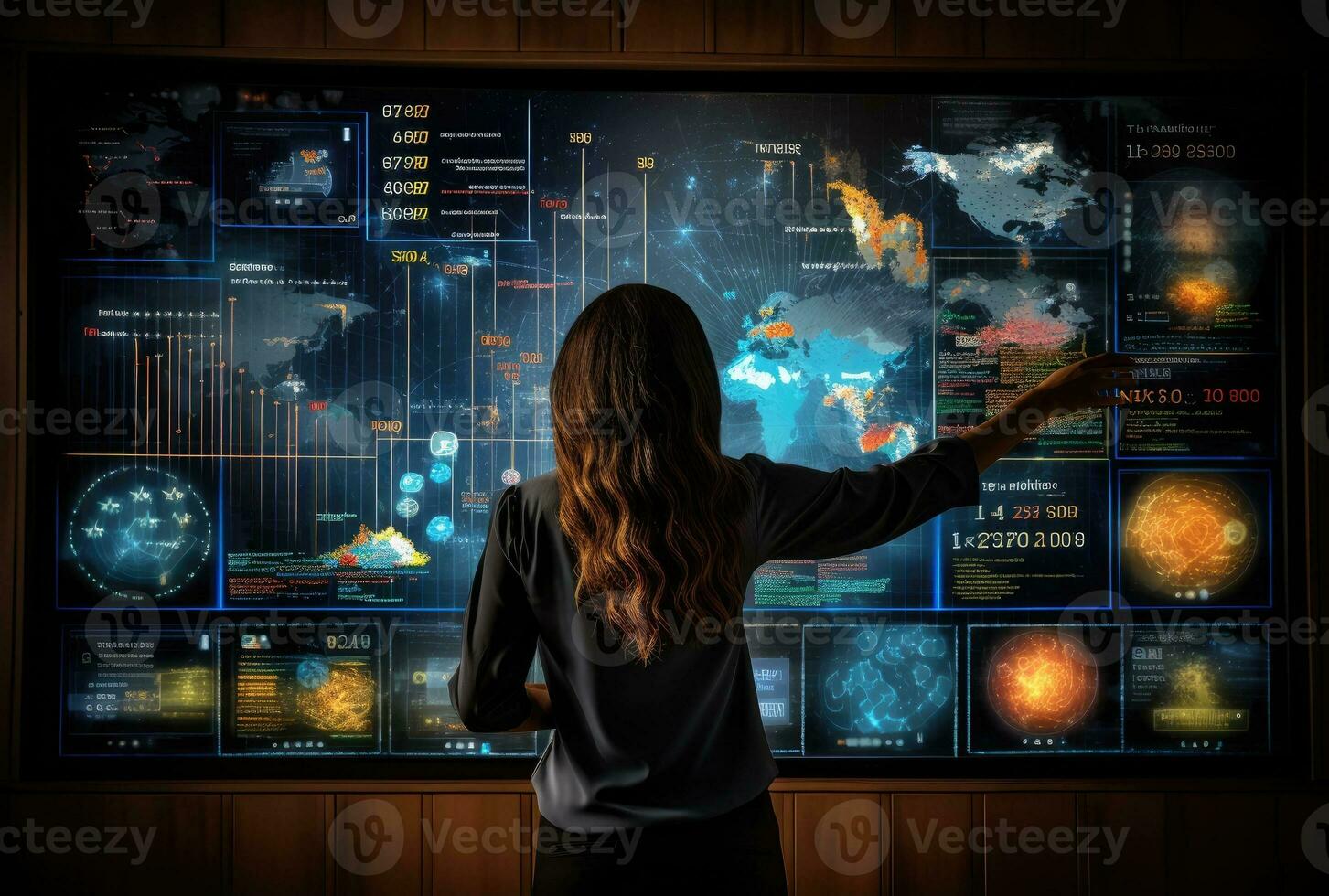 Rückseite Aussicht von Geschäftsfrau zeigen beim Welt Karte auf virtuell Bildschirm. ai generiert. foto