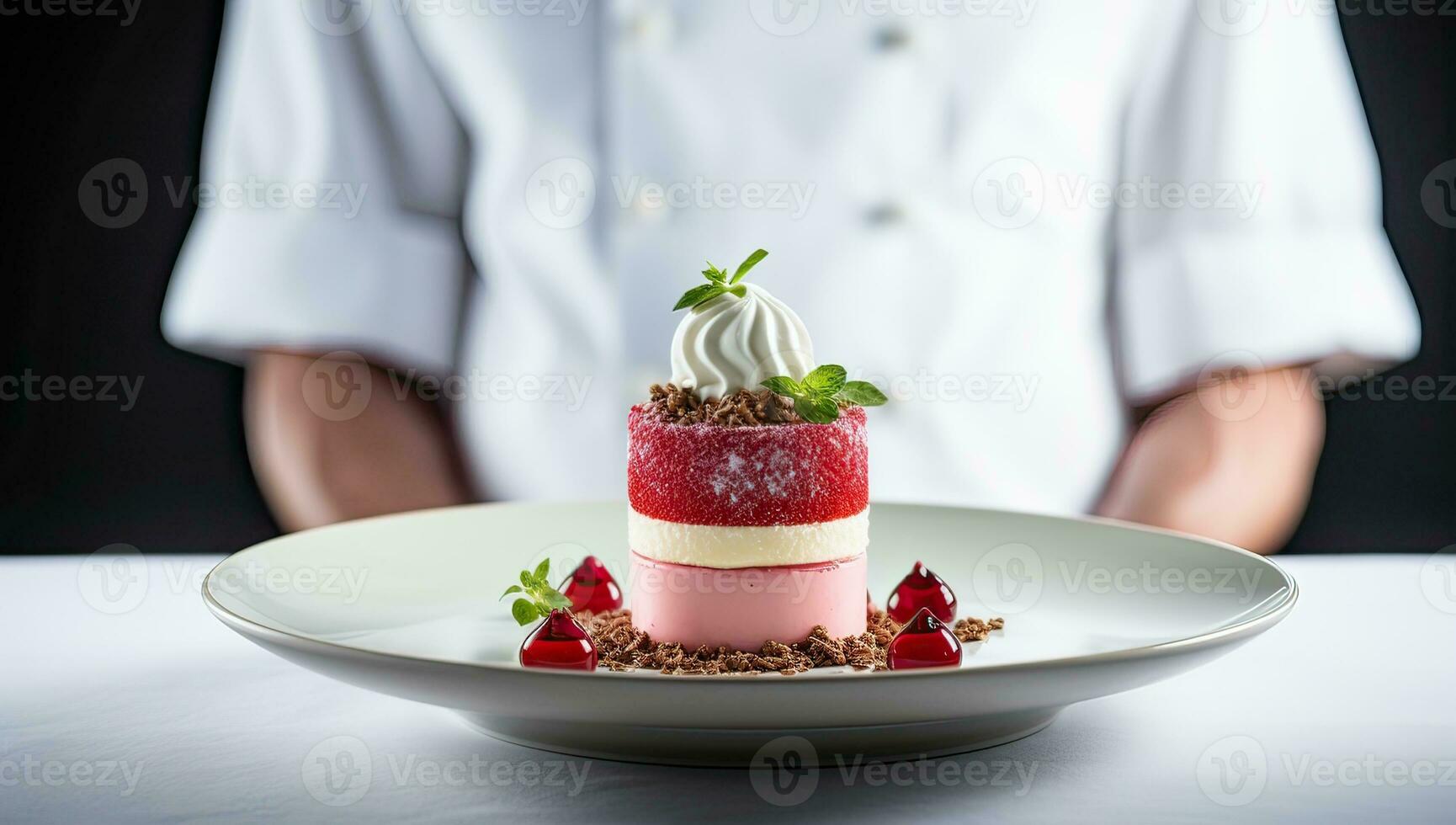 Koch dekorieren Kuchen mit Erdbeere und Minze auf Weiß Platte. ai generiert. foto