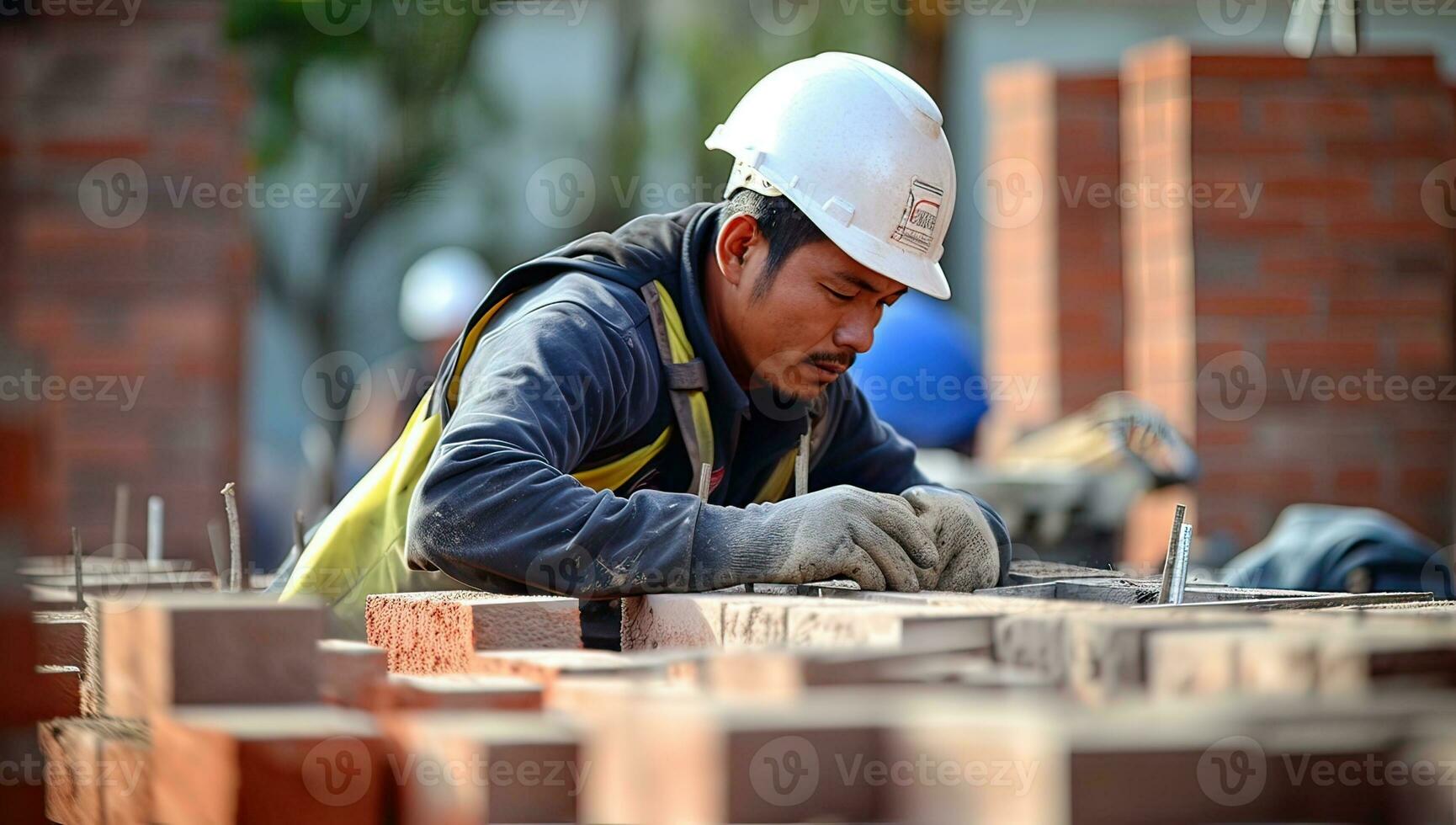 Konstruktion Arbeiter Verlegung Ziegel auf Konstruktion Seite? ˅. ai generiert. foto