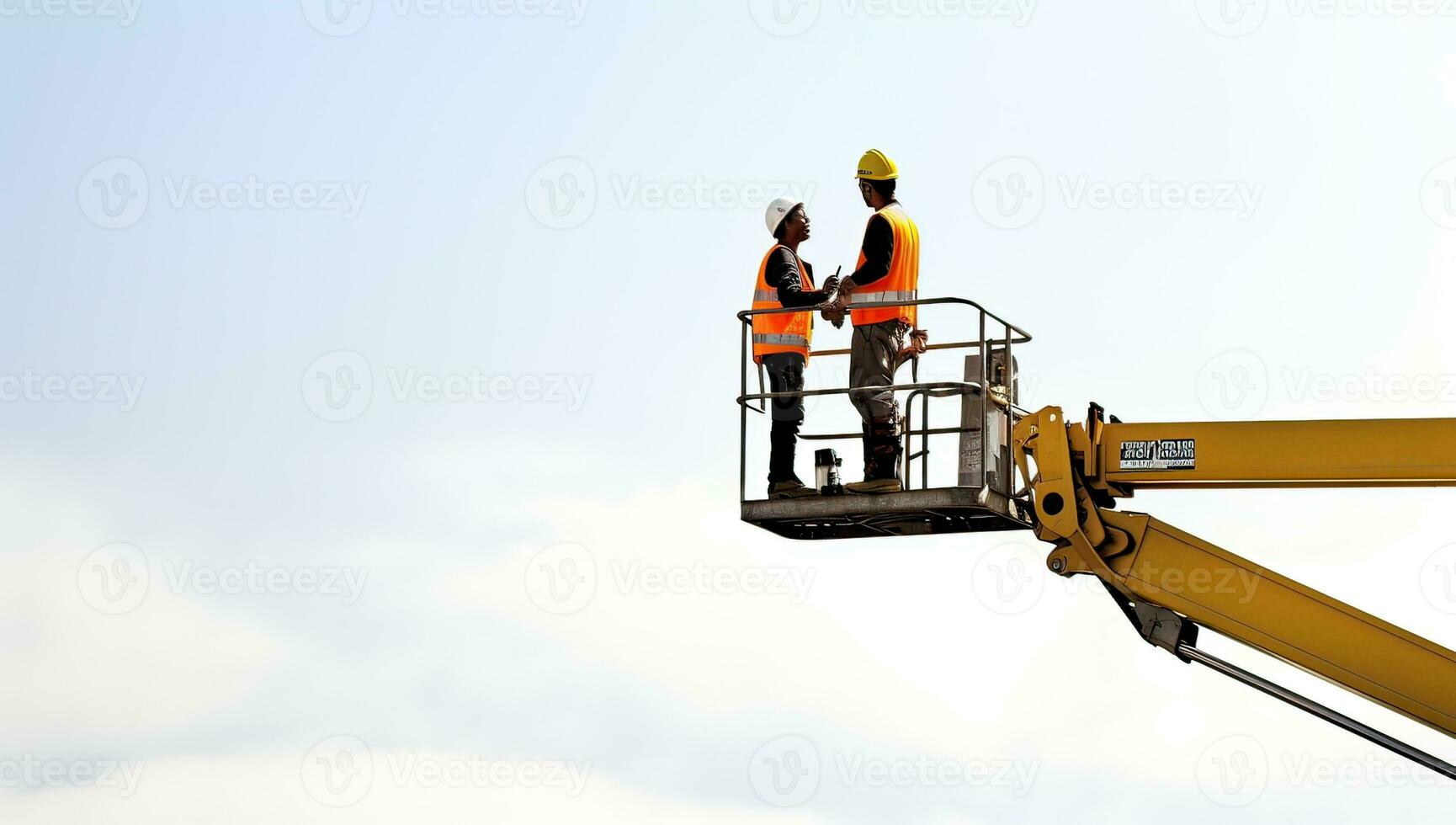 zwei Konstruktion Arbeitskräfte Arbeiten auf ein Konstruktion Seite? ˅ mit Blau Himmel Hintergrund. ai generiert. foto