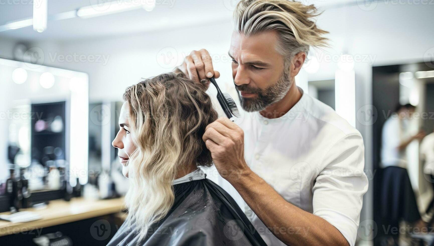 Fachmann Friseur Schneiden Haar von Frau im Schönheit Salon. ai generiert. foto