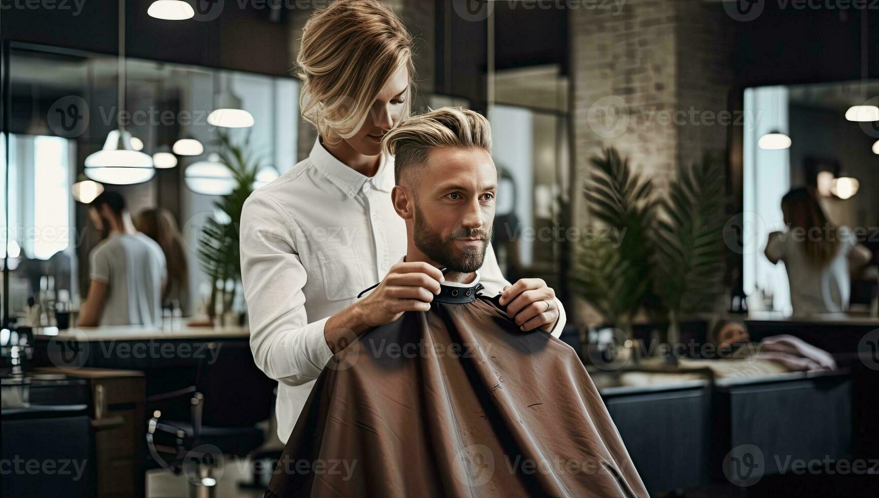 Fachmann Friseur Schneiden des Mannes Haar im Friseurladen. ai generiert. foto