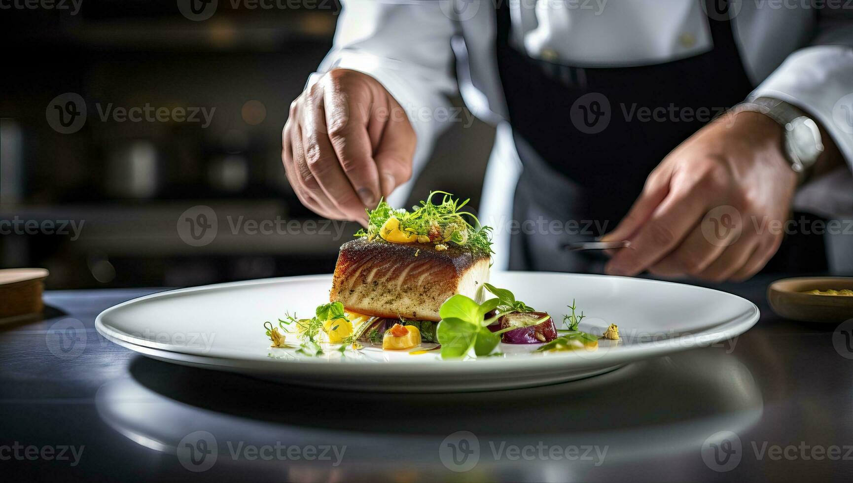 Koch dekorieren Fisch mit frisch Gemüse auf Weiß Teller im Restaurant Küche. ai generiert. foto