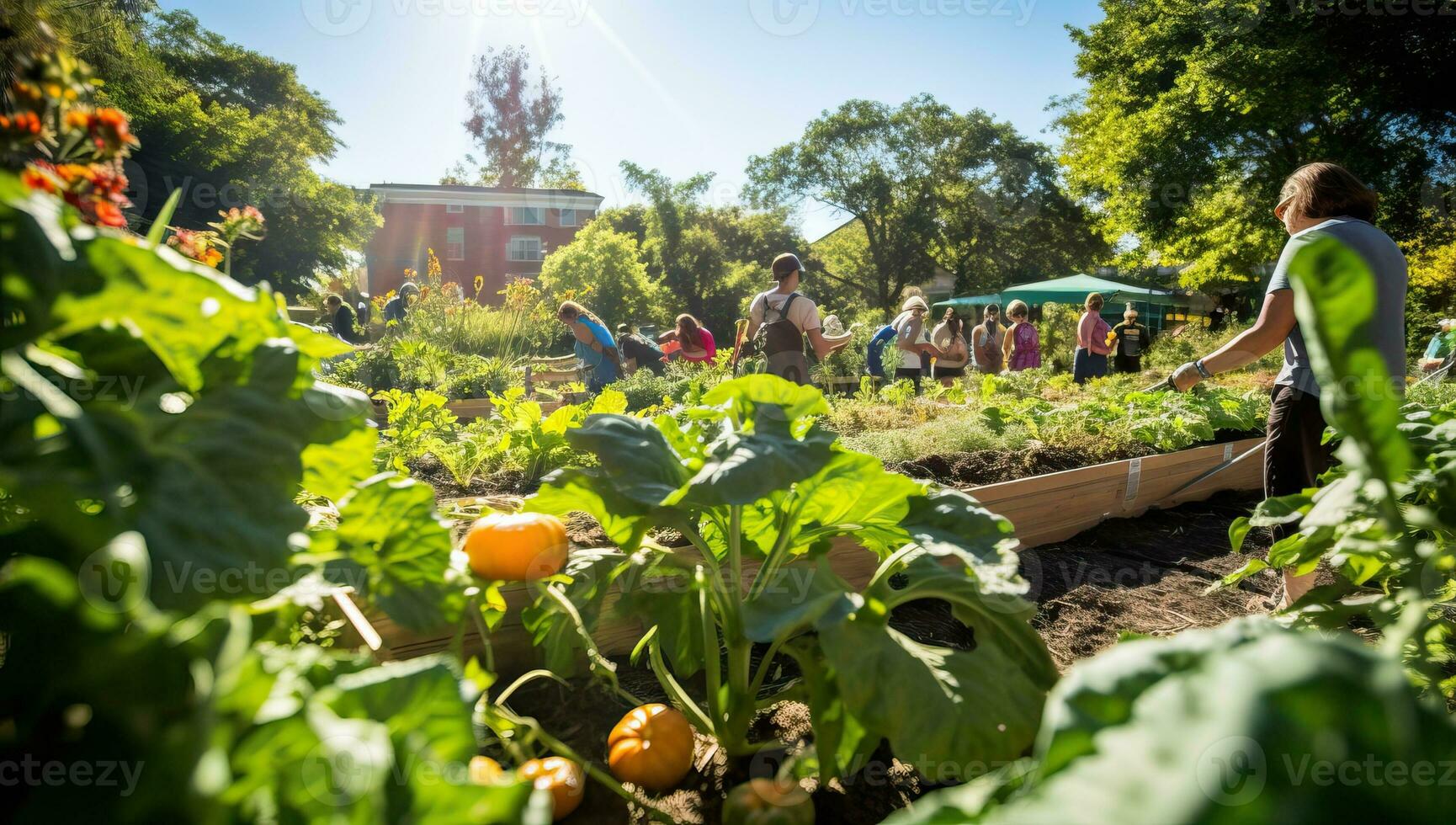 Gruppe von Menschen Arbeiten im das Garten auf ein sonnig Sommer- Tag. ai generiert. foto