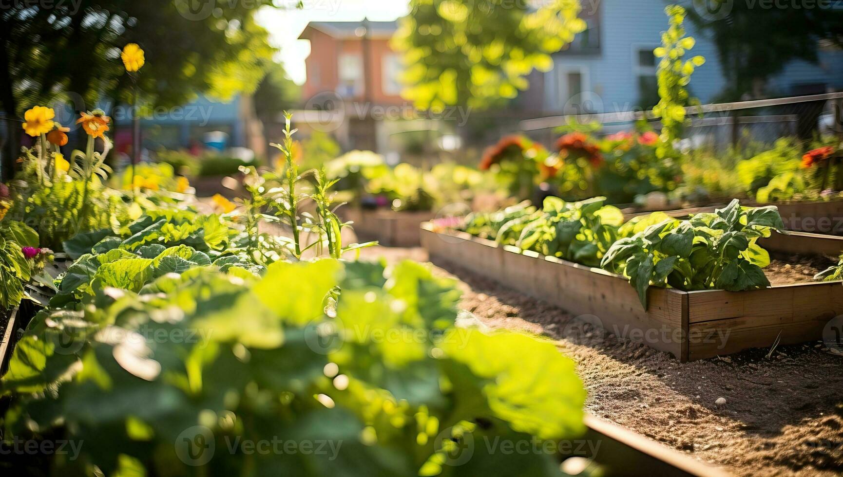 Anbau von Gemüse im das Garten beim Sonnenuntergang. ai generiert. foto