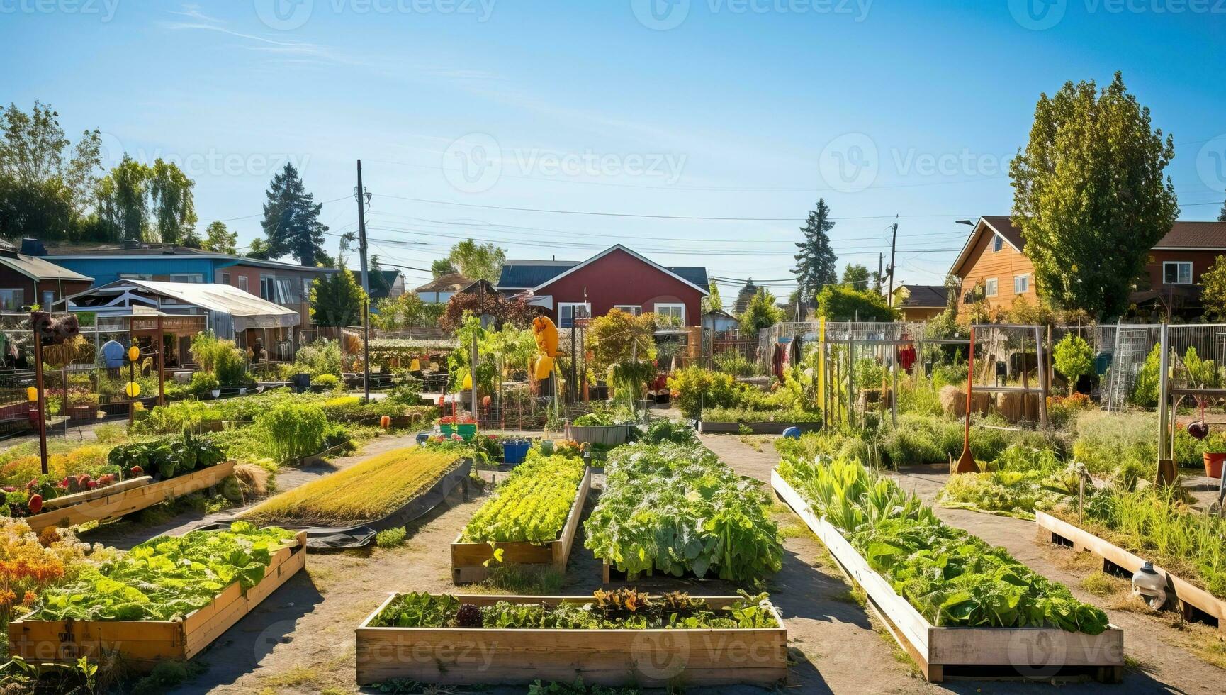 Gemüse Garten beim sonnig Sommer- Tag. Panorama- Sicht. ai generiert. foto