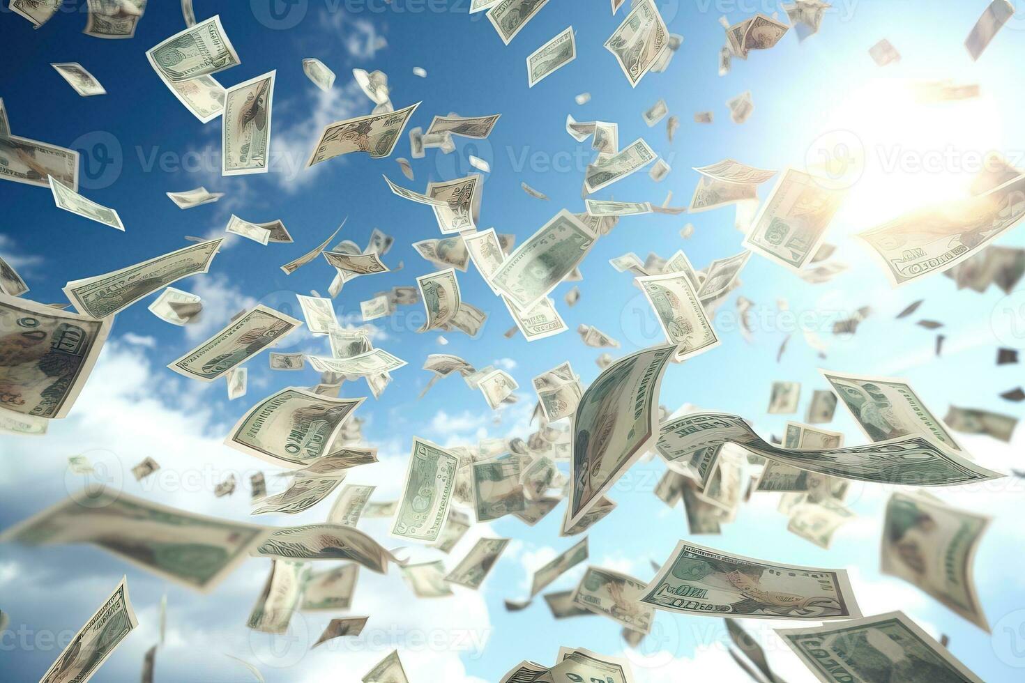fliegend Dollar Banknoten gegen das Blau Himmel mit Wolken. ai generiert. foto