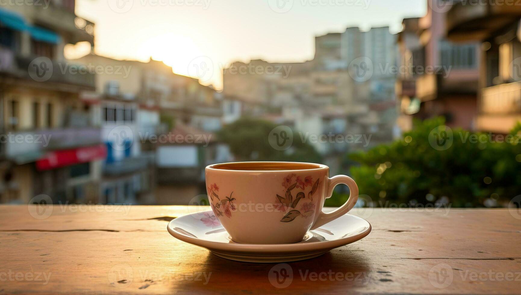 Kaffee Tasse auf das hölzern Tabelle mit Stadtbild Hintergrund. ai generiert. foto