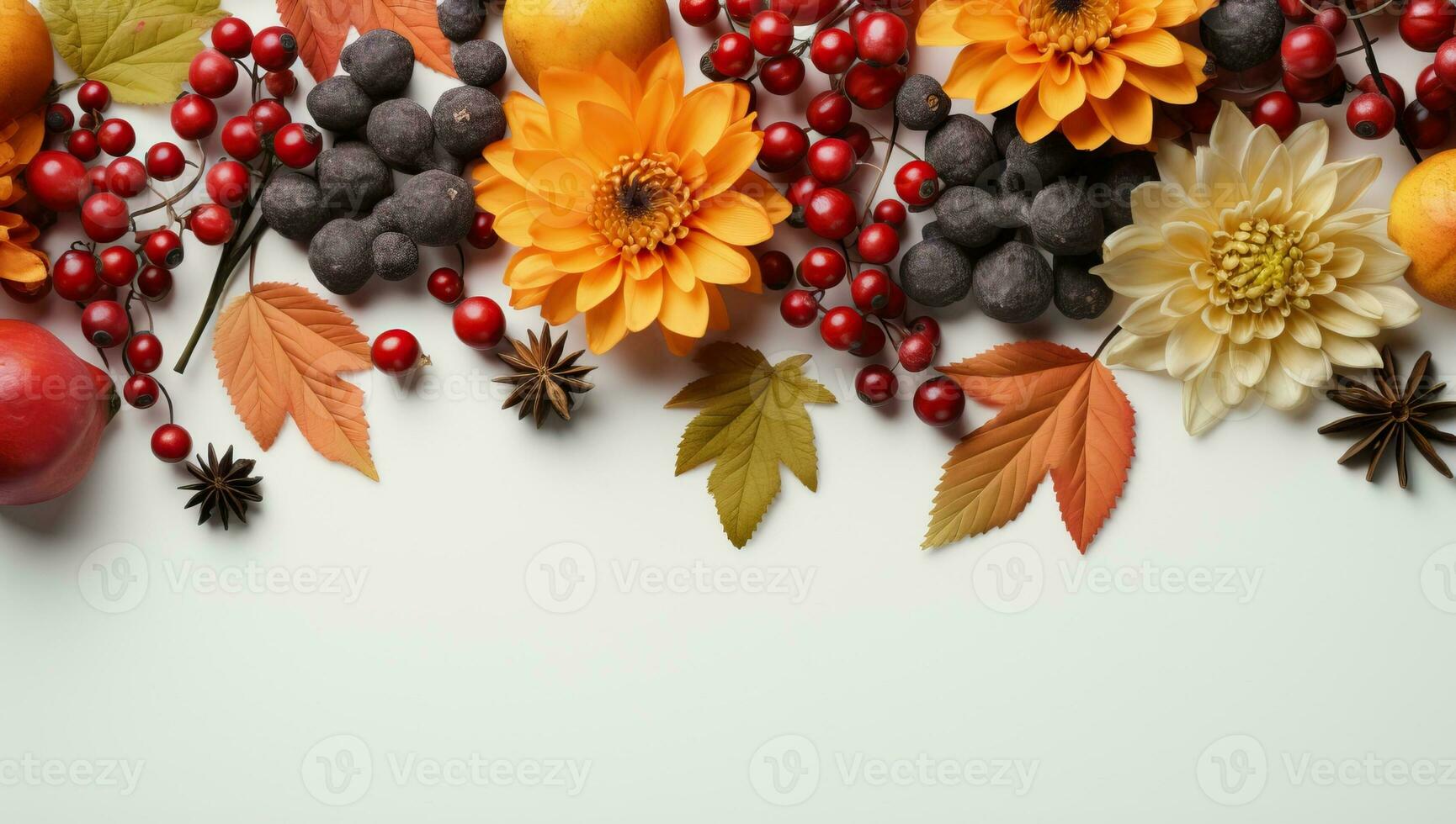 Herbst Komposition mit Blumen und Beeren auf Weiß Hintergrund, oben Sicht. ai generiert. foto